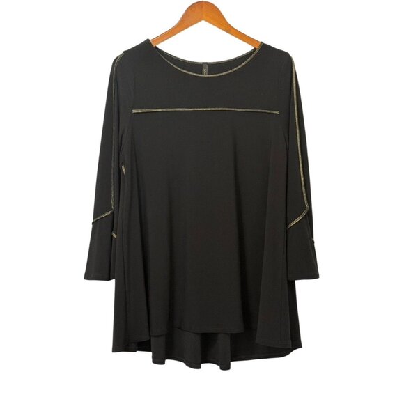 IC by Connie K Black w/Gold Shimmer Piping Bell Sleeve Top Slinky Stretch Size L - Picture 1 of 9